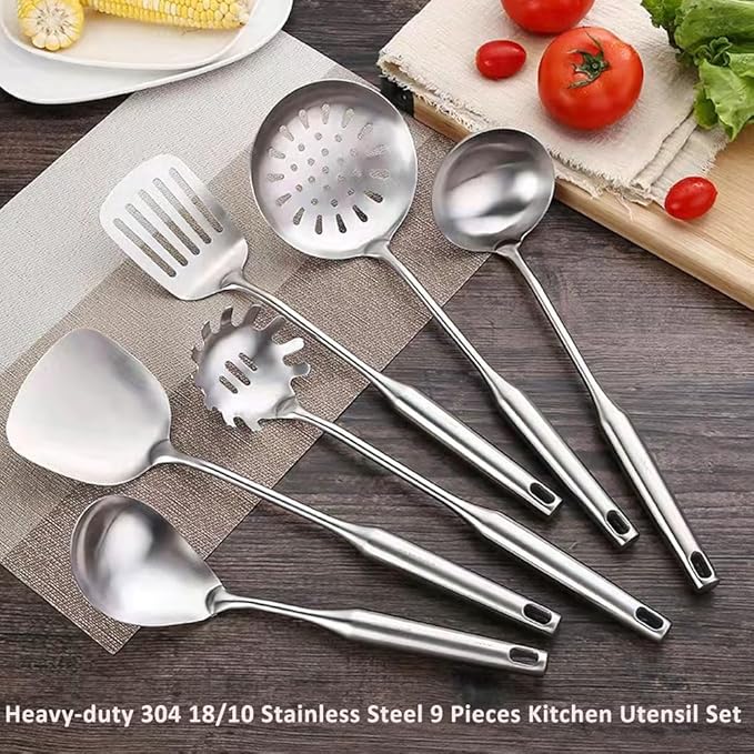 304 18/10 Stainless Steel Kitchen Utensils Set 9 Pack Long Cooking Utensil, Spatula, Soup spoon, Leaking shovel, Ladle, Tunner, Pasta Server, Meat Fork Kitchen Tools Set