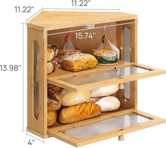 Corner Bread Box for Kitchen Countertop, 2 Tier Corner Bread Box, Bamboo Wood Large Capacity Bread Storage Bin with Acrylic Wavy Door Panel