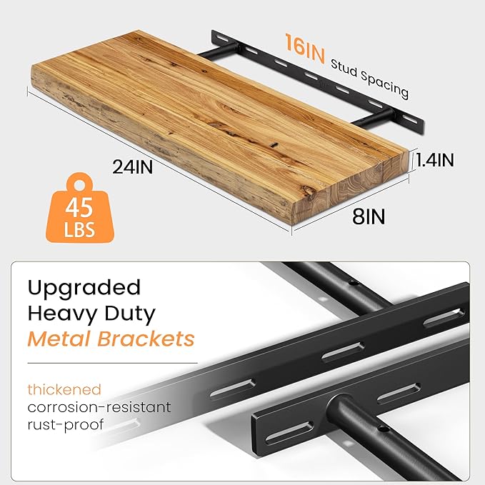 Fun Memories 24Inch Floating Shelves Set of 2, Rustic Solid Elm Wood Live Edge Floating Shelves, Invisible Bracket Mount for Living Room, Kitchen, Bathroom - Natural