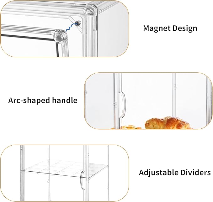 Attelite Pastry Display Case,4 Layers Adjustable Clear Bread Box for Kitchen Countertop,Bread Storage with Magnetic Door Bakery Pastry Display15.5x11.4x9.8inch