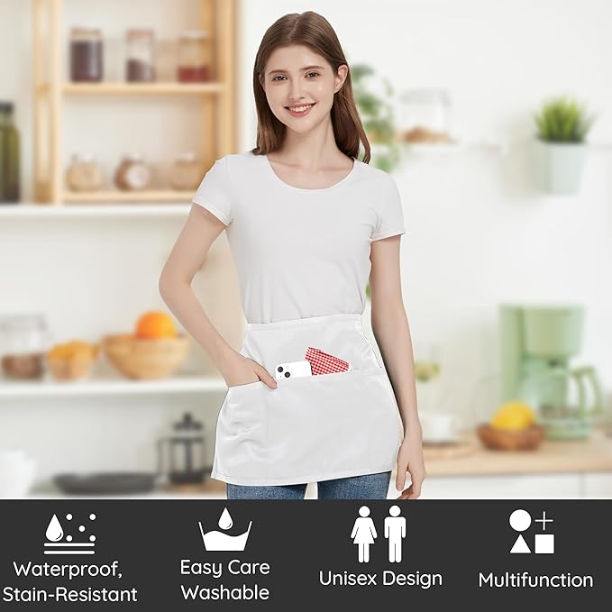 3 Pack Waist Apron with 3 Pockets, Unisex Black Waiter Aprons, Water Resistant Server Aprons for Restaurant Chef Bar