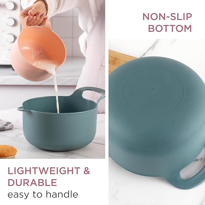COOK WITH COLOR Nesting Plastic Mixing Bowl Set with Pour Spouts and Handles, Teal and Pink, 4 Piece Non-Slip