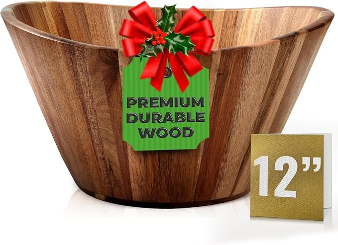 Woodenhouse Wooden Salad Bowl, Wooden Bowl, Fruit Bowl - 12" Wavy Large Salad Bowl for Serving, Handmade, Durable and Stylish Natural Wood Dining Accessory