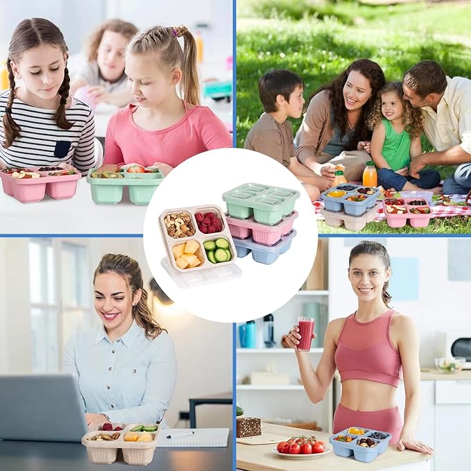 4 Pack Bento Box, 4 Compartment Lunchable Snack Containers with Lids for Meal Prep, School, Travel, Reusable Divided Lunch Food Container for Adults, Kids, Toddlers
