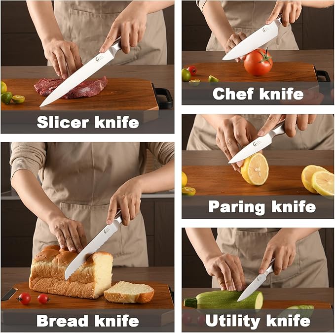 6-Piece Kitchen Knife Set with Ventilated Knife Block – High Carbon Stainless Steel Culinary Knives, Dishwasher Safe, Professional Cooking Knife Set (Chef/Slicer/Bread/Utility/Paring)