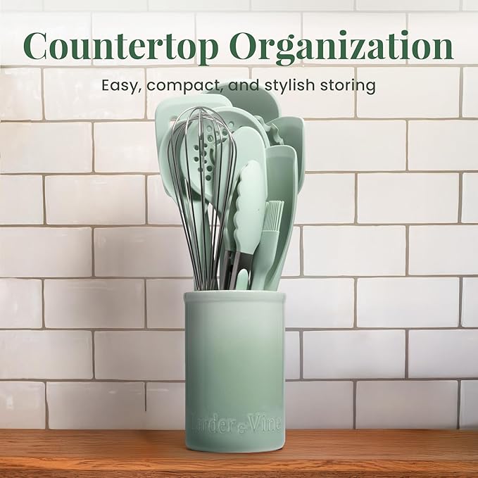 Larder & Vine 12-Piece Silicone Kitchen Cooking Utensils Set with Stainless Steel Handle and Ceramic Holder, Dishwasher Safe Set of Kitchen Essentials (Sage)