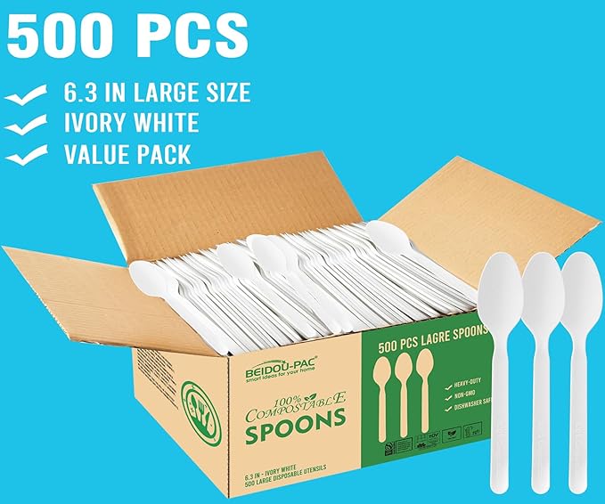 Compostable Spoons 500 Count, 7 In Large Disposable Biodegradable Flatware, Eco Friendly Durable Heat Resistant Cutlery Silverware Alternative to Plastic Spoons, BPI Certified