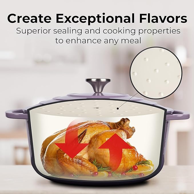 Zulay Kitchen 6 Quart Enameled Cast Iron Dutch Oven Pot with Lid – Premium Durability & Oven Safe up to 500°F – Heavy Duty Cookware Perfect for Bread Baking, Stews, Braising & Roasting – Lavender Jade