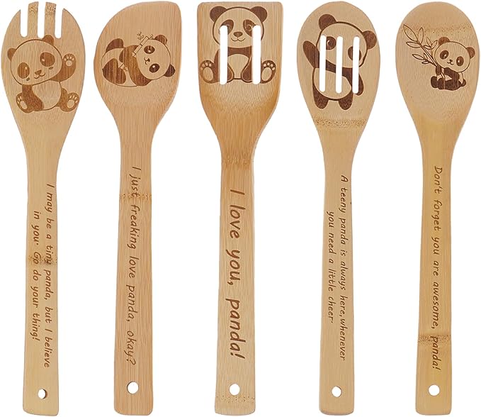 5PCS Panda Wooden Cooking Spoons Set Panda Gifts for Women Kitchen Decor Bamboo Cooking Utensil Spoons for Housewarming Wedding Anniversary Thanksgiving Christmas Gifts Mom Women