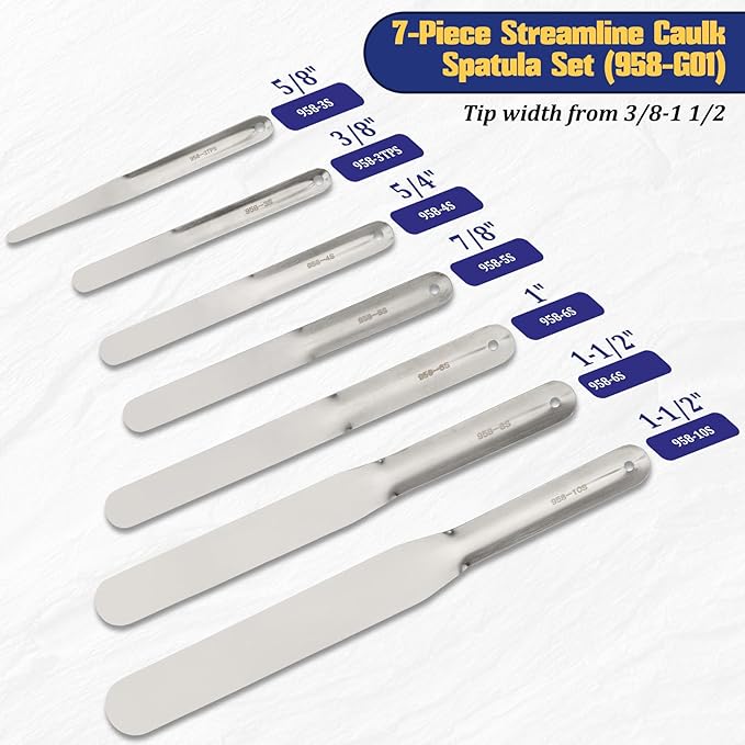 958-G01 Streamline Caulking Spatula 7-Piece Set,Spatula Tip Widths from 3/8” To 1-1/2”,Multifunctional Stainless Steel Caulking Tool (Pack Of 7)