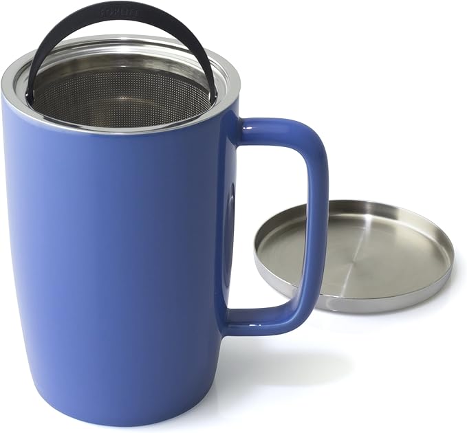 FORLIFE Dew Glossy Finish Brew-In-Mug with Basket Infuser & "Mirror" Stainless Lid 18 oz., Blue