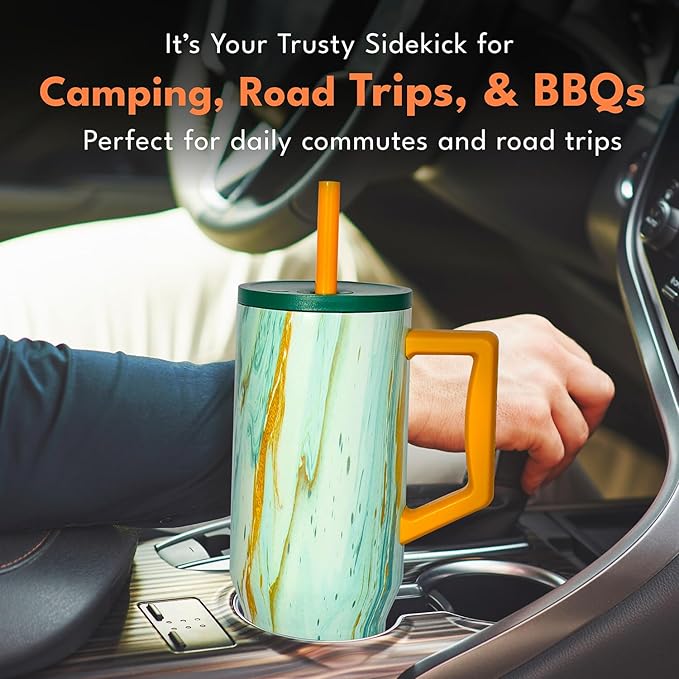 Elemental 40 oz Tumbler with Handle and Straw - Spill Proof Insulated Stainless Steel Commuter for Hot and Cold Beverages - Travel Coffee Mug with 2 Straws & Spill Proof Lid - 40oz - Aurora Glow