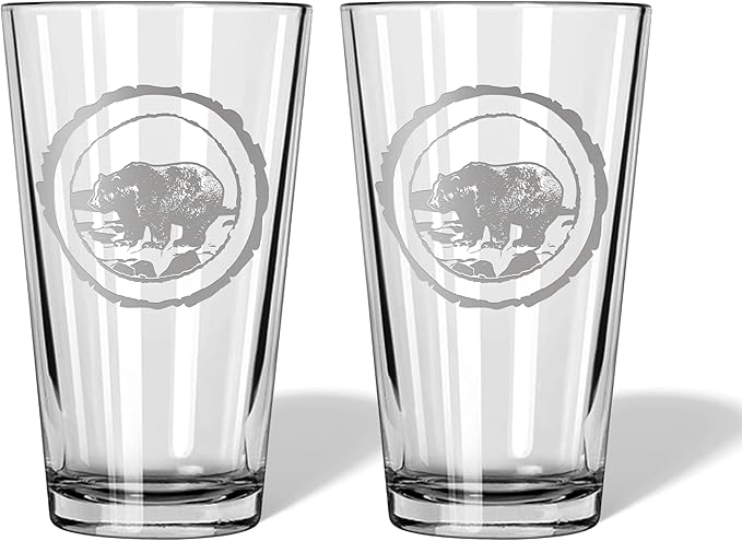 Bear Brown Grizzly Hunting Gifts for Hunters and Outdoorsman Mallard Whiskey Glass with Coaster Rustic Décor for Mountain Cabin Lake House Beer Pint Glass Dad (Bear, Double Pint Glass)