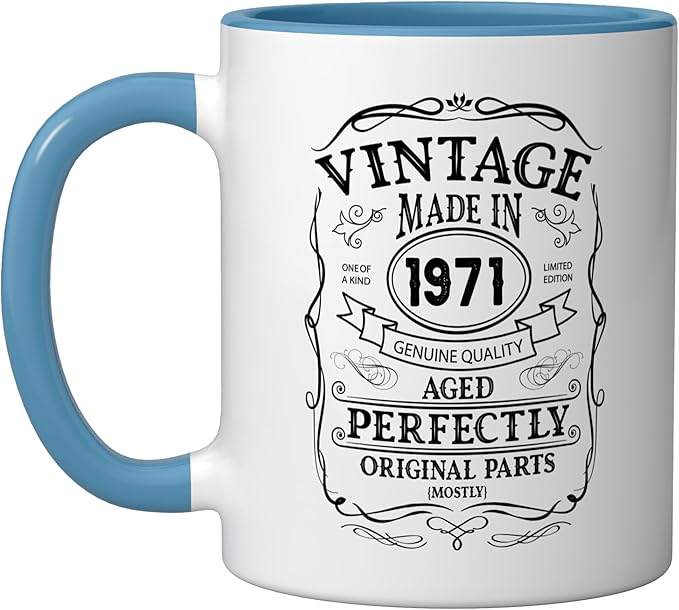 54th birthday, retro Vintage Design, man, woman 1971 Ceramic Mug, Blue/White