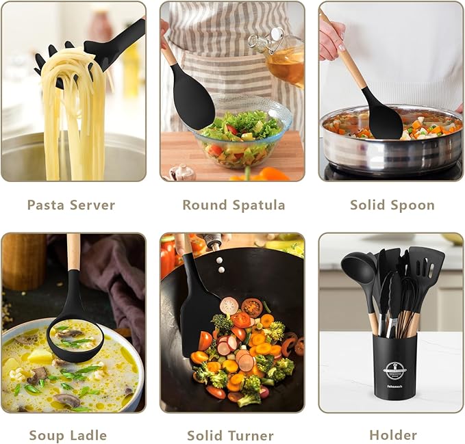 Silicone Cooking Utensils Set with Holder, 12 Pcs Heat Resistant Kitchen Utensils Set with Wooden Handle, BPA-free Spatula, Tongs, Spoons Set for Nonstick Cookware, Black