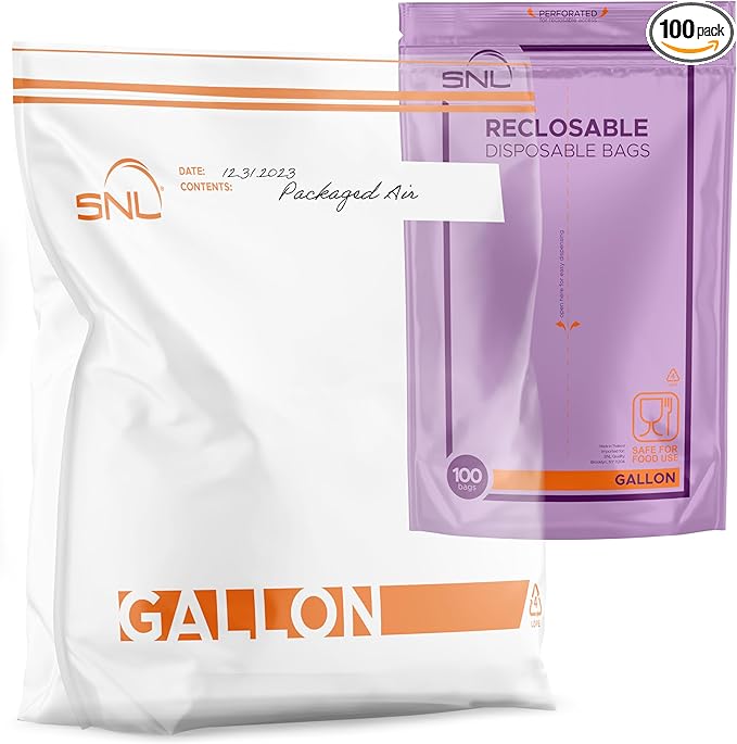 Gallon Food Bags by SNL -100 Pack- Leak-Proof, Clear, Write-On Block, Reclosable, Disposable Storage Bags, Double Seal Zippers with Clicking Noise Zip Confirmation, Stand-Alone Gusset, Easy Dispensing