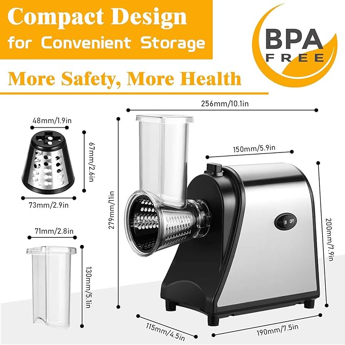 Electric Cheese Grater for Block Cheese, 5 Different Shapes of Blades for Slicing/Shredding/Grating, 250W Automatic Cheese Shredder Vegetable Slicer with One-Touch Control for Fruits, Nuts