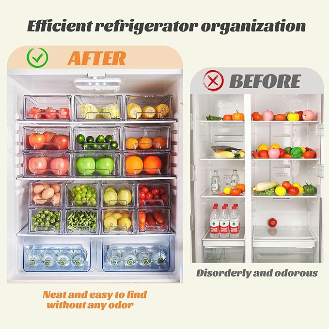 2 Pack Clear Stackable Refrigerator Organizers and Storage Drawers - Pull-Out Fridge Bins with Anti-Slip Base & Easy Clean, Plastic Organizers for Kitchen Pantry Cabinet Closet (Medium)