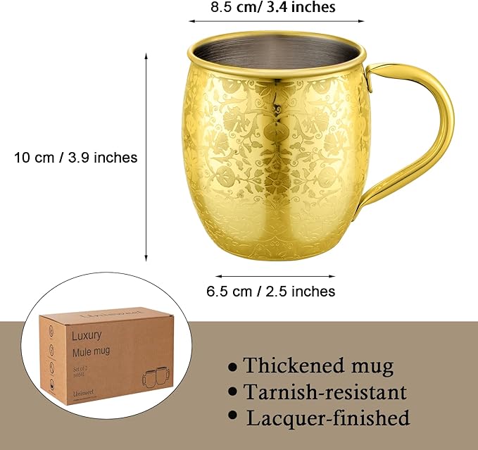 Moscow Mule MugsSet of 2-18 Oz Copper-Plated Fine Craftsmanship Etched Mugs,304 Stainless Steel-Lined Mule Cups,For Cold Drinks, Beer, Wine, Bars, Parties