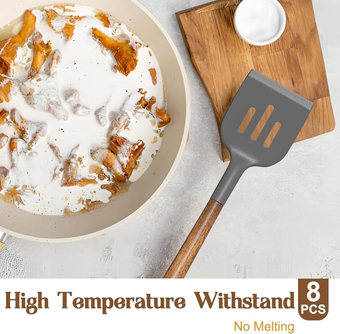 Umite Chef Silicone Cooking Utensil Set, 8-Piece Kitchen Utensils Set with Natural Acacia Wooden Handles,Food-Grade-Silicone Kitchen Gadgets and Spatula Set for Nonstick Cookware - Grey