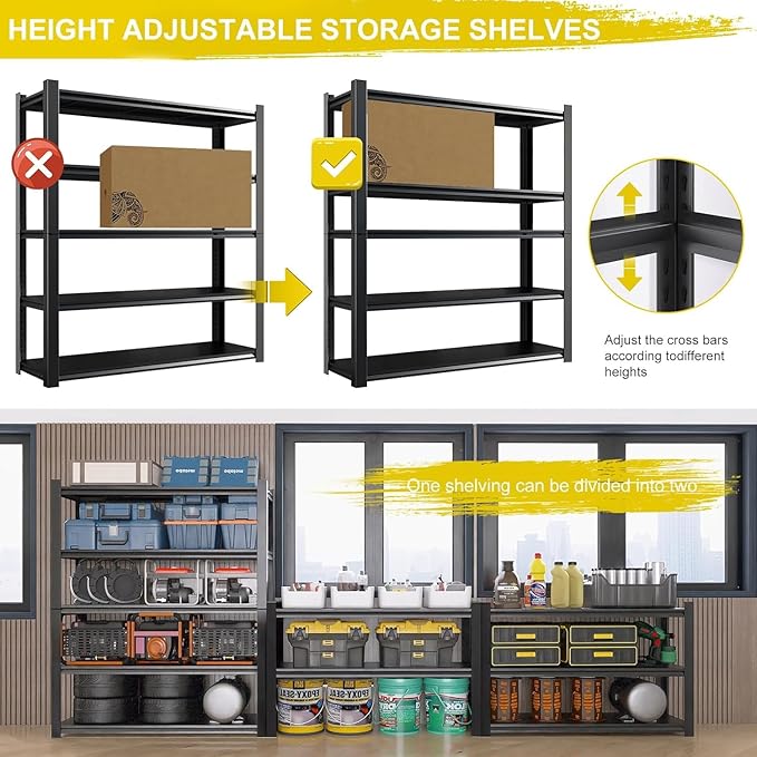Heavy Duty Garage Shelving, 84'' H Metal Shelving, 3500LBS Storage Shelves 5 Tier Adjustable Heavy Duty Shelving Unit for Warehouse, Garage, Basement, 24" D x 47" W x 84" H