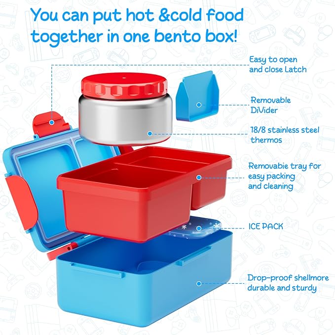 Kids Bento Lunch Box – 12 oz Stainless‑Steel Soup Thermo & 3‑Compartment Leak‑Proof Food Container with Built‑In Ice Pack, Insulated Food Jar for Boys & Girls, School & Travel