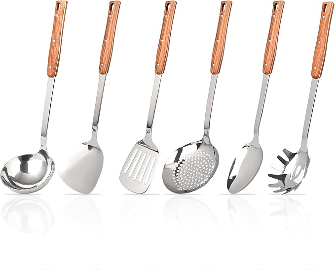 FJNATINH Wok Utensils - Wok Spatula, Soup Ladle, Skimmer, Spaghetti Server, Slotted Turner and Solid Spoon, Stainless Steel Cooking Utensils, Set 6 PCS