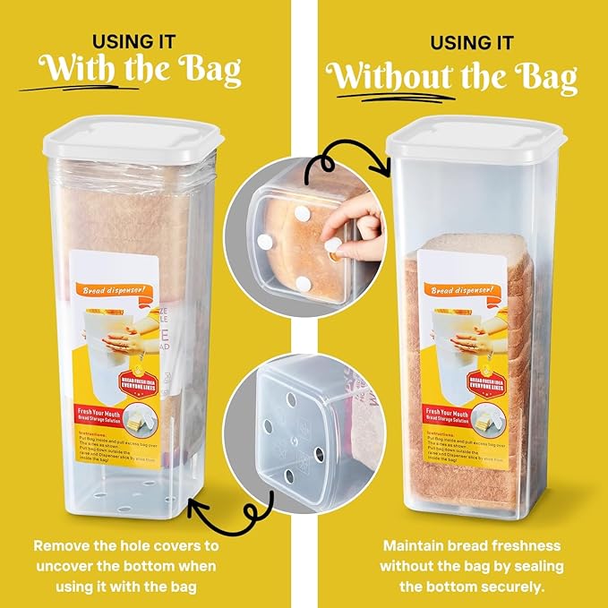 Flexzion 2 Pack Bread Containers Storage Airtight Loaf - Clear Bread Box for Kitchen Countertop BPA-Free Bread Loaf Storage Container Space-Saving & Durable Plastic Bread Container & Dispenser, White