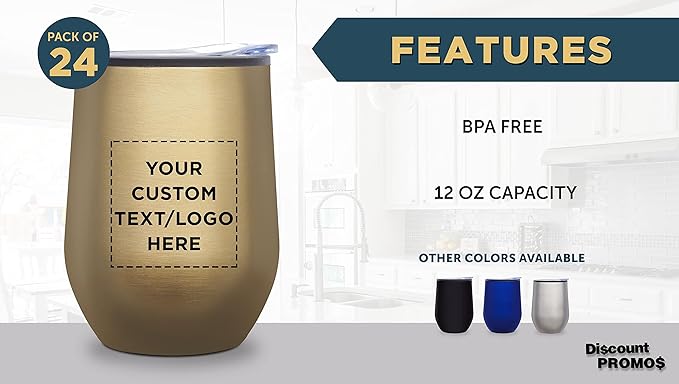 Custom Stemless Wine Tumblers 12 oz. Set of 24, Personalized Bulk Pack - Insulated, Perfect for Wine, Cocktails, Other Hot & Cold Beverages - Gold
