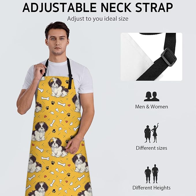 Playful Dog Apron, Adjustable Kitchen Cute Shih Tzu Puppy Aprons with Pockets for Cooking BBQ Gardening, 28×33 IN, Holiday Gifts for Women Wife, for Chef Baking, Oxford Fabric