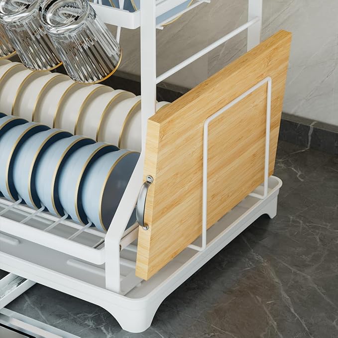 2-Tier Dish Drying Rack, White Metal Large, Space Saving Countertop Mount with Drainboard, Utensil Holder, 16.5x12.7x13.3 Inches
