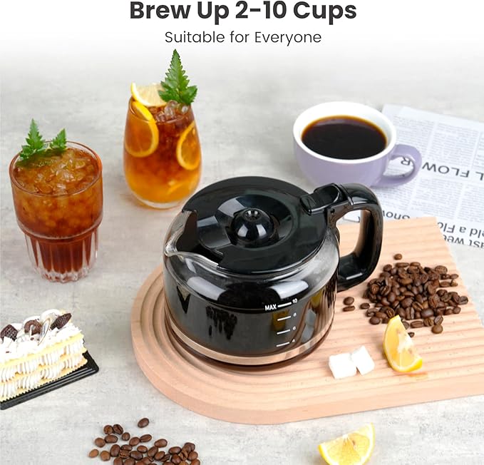 Gevi 10-Cup Coffee Maker with Built-in Burr Grinder, Programmable Timer, 1.5L Water Tank, Reusable Filter & Warming Plate – Drip Coffee Machine for Fresh Ground Coffee