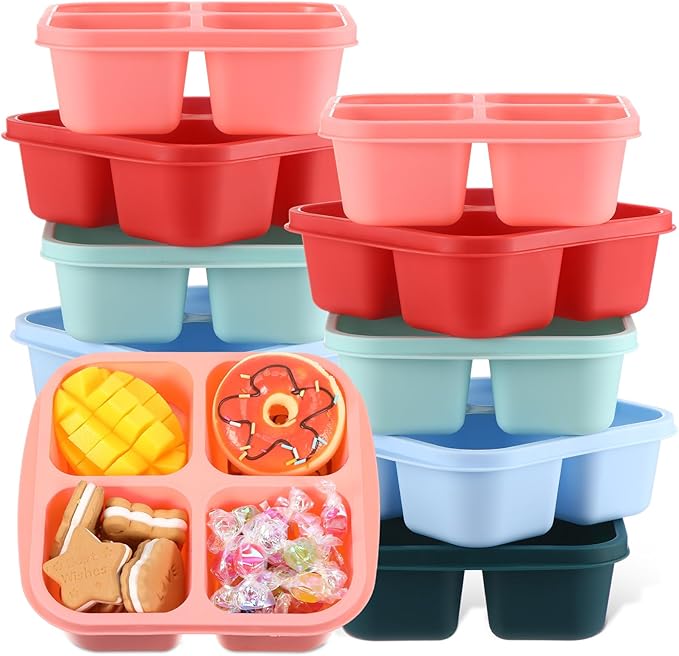 Honeydak 10 Pack Snack Container 4 Compartment Reusable Bento Snack Boxes Divided Lunchable Containers with Lids Meal Prep Lunch Food Storage Boxes for School Work Travel(Melon Color)
