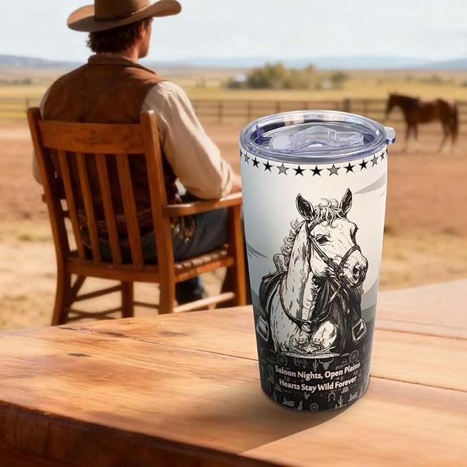 20oz Western Cowboy Horse Tumbler | Stainless Steel Double Vacuum Insulated | Leakproof Travel Mug for Keeps Drinks(20H Cold/5H Hot) | Cup Holder Friendly