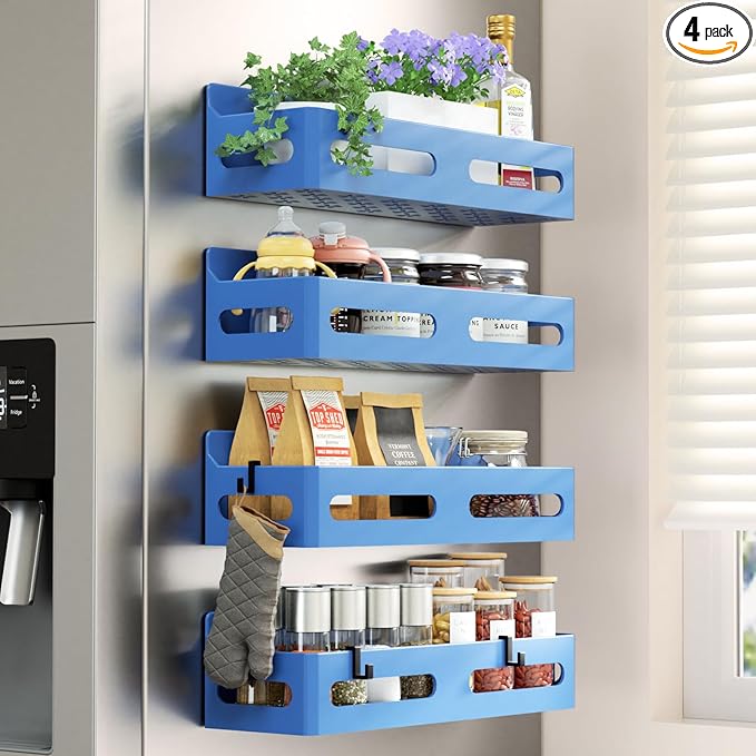 4 Pack Magnetic Spice Rack for Refrigerator, Spice Rack Organizer, Moveable Magnetic Shelf Fridge Organizer with 4 Hooks for Kitchen and Oven Organization, Blue