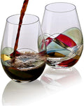 Bezrat Stemless Wine Glasses Set of Two | Hand Painted Large Premium Red and White Wine glasses | Lead-Free Crystal | Essential Wine Gift | 18 Ounces (Red)