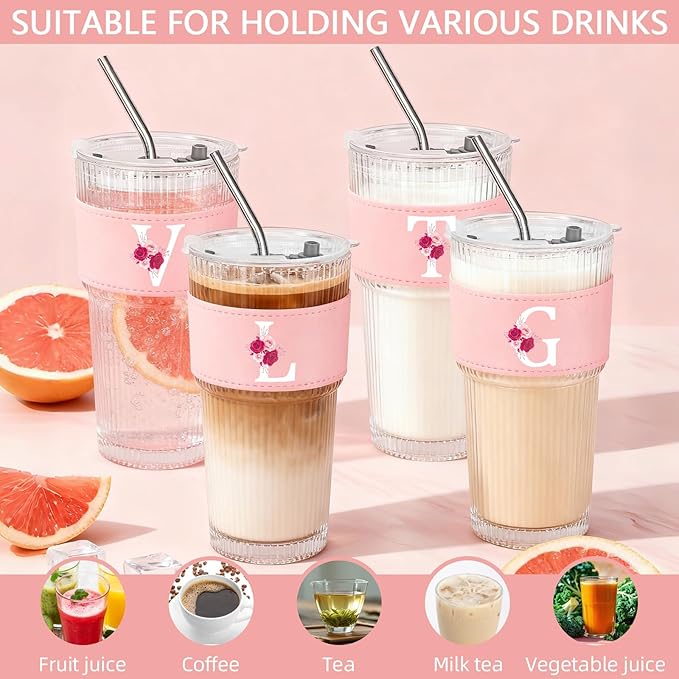 Personalized Gifts for Women,20oz Ribbed Glass Tumbler,Monogrammed Gifts for Women,Birthday Gift,Ice Coffee Mug,Christmas Gift for Mom Sister-V