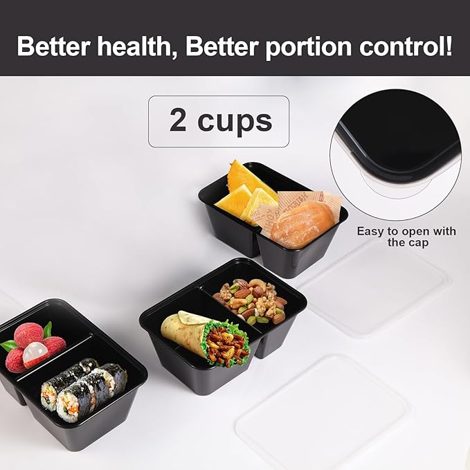 50Pack 32oz Meal Prep Containers, 2-Compartment Disposable or Reusable Food Storage Containers with Lids, Plastic Stackable To Go Boxes Microwave, Freezer, Dishwasher Safe