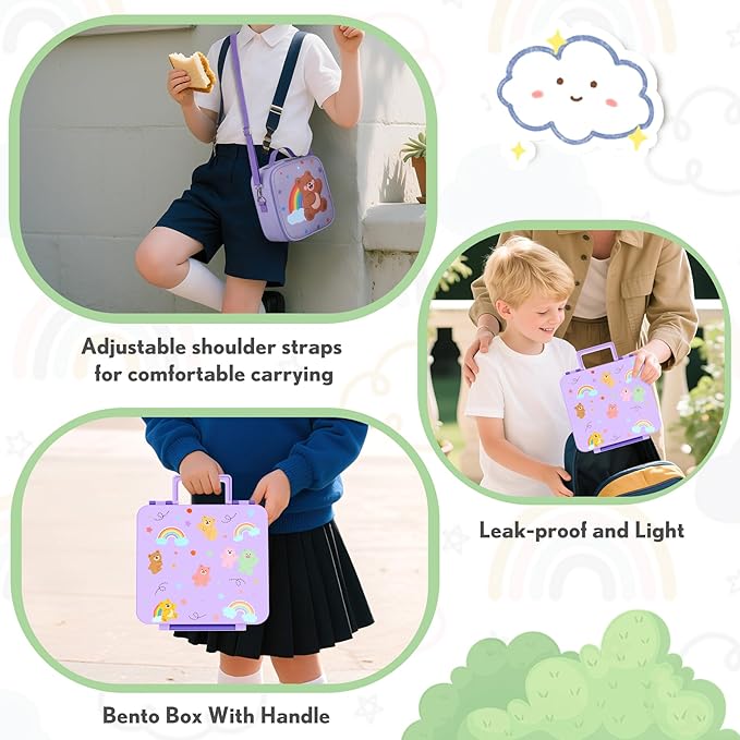Lunch Box Kids with 5 Compartments, Insulated Food Jar & Utensil & Sauce Container & Lunch Bag & Silicone Collapsible Cup, Leak Proof Bento Box, BPA-Free & Dishwasher Safe-Deep Purple