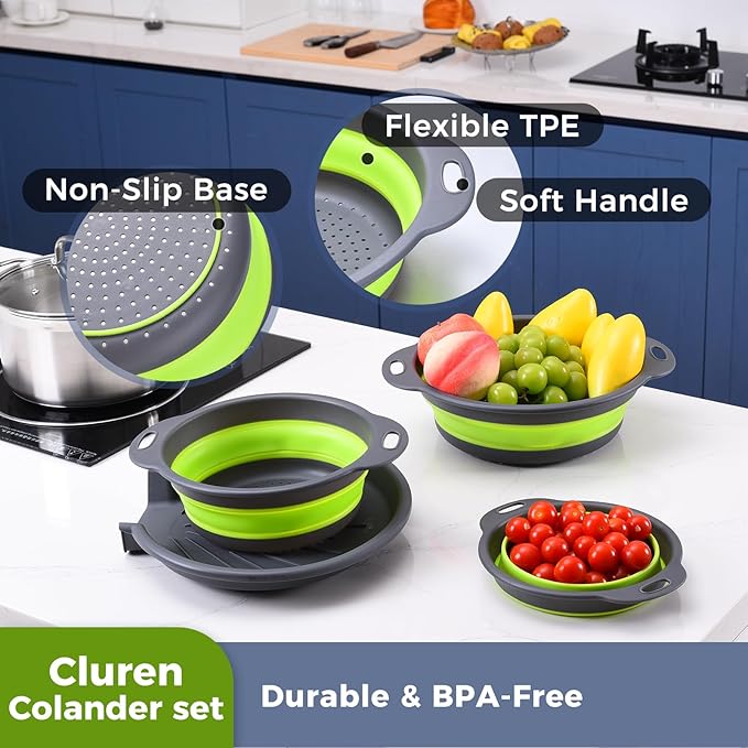 Collapsible Colander Set with Universal Draining Tray | 3-Pack Foldable Kitchen Strainers + Base | Space Saving for Pasta, Veggies, Fruit & Rice | 5 Colors (Gray-Green)