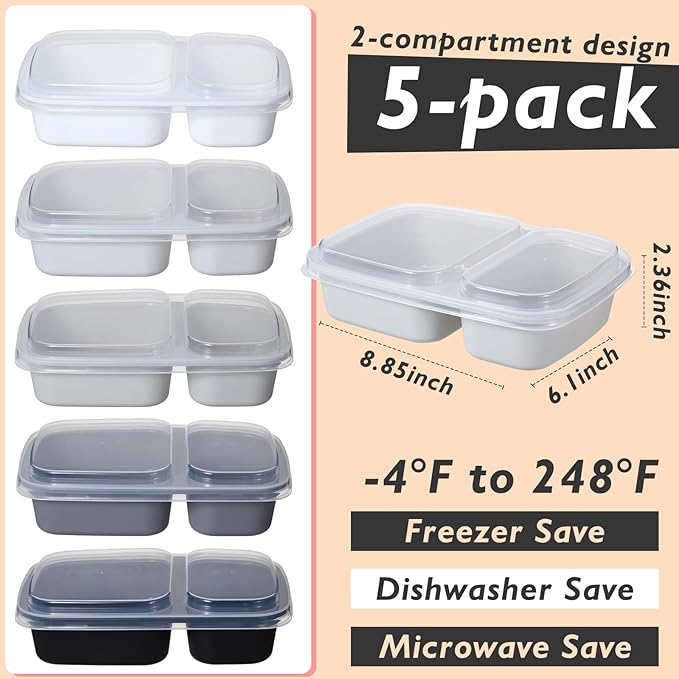 Honeydak 5 Pack Lunchable Snack Containers 2 Compartment Divided Bento Snack Boxes Reusable Meal Prep Containers with Lids Lunch Food Storage Box for School Work Travel(White Black)