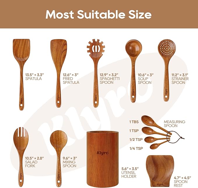 Wooden Spoons for Cooking, Nonstick Kitchen Utensils Set with 4 Piece Measuring Spoons, Comfort Grip Wooden Spatula Set, 9 Piece Teak Wooden Cooking Utensils with Holder and Spoon Rest