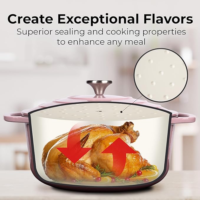 Zulay Kitchen 7.7 Quart Enameled Cast Iron Dutch Oven Pot with Lid – Premium Durability & Oven Safe up to 500°F – Heavy Duty Cookware Perfect for Bread Baking, Stews, Braising & Roasting – Pink