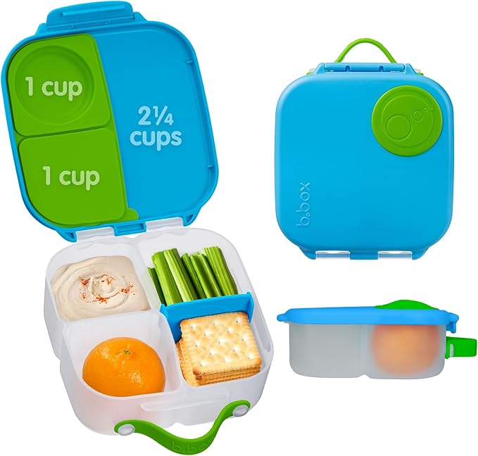 b.box Mini Lunch Box, Bento Box for Kids, Snack Container with 2 Leak Proof Compartments, Reusable Snack Containers with Lids, Kids Lunch Boxes Ages 3+, BPA Free, 4 1/4 Cup Capacity (Ocean Breeze)