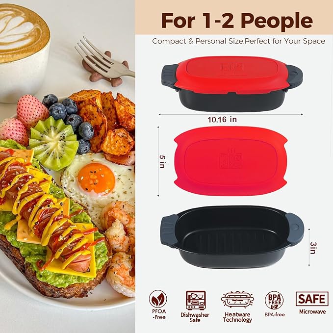 Quick-Heat Microwave Grill Pan & Bacon Cooker | The Perfect Kitchen Addition for Single Servings & Fast Family Sides.Compact Multi-Use Microwave Cookware with Lid for Chicken, Veggies,Pancakes | Dishwasher Safe,Portable for Kitchen, RV, Dorm, Office(Red)