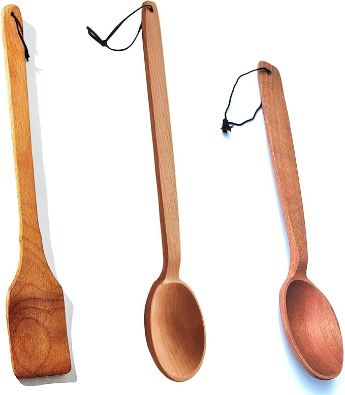3 Large Wooden Spoons: 18" Paddle, 18" and 14" Spoons with a Scoop Bundle. Heavy Duty Long Wooden Spoons For Cooking In Big Pots - Brewing, Canning, Crawfish Boil, Stirring & Mixing.