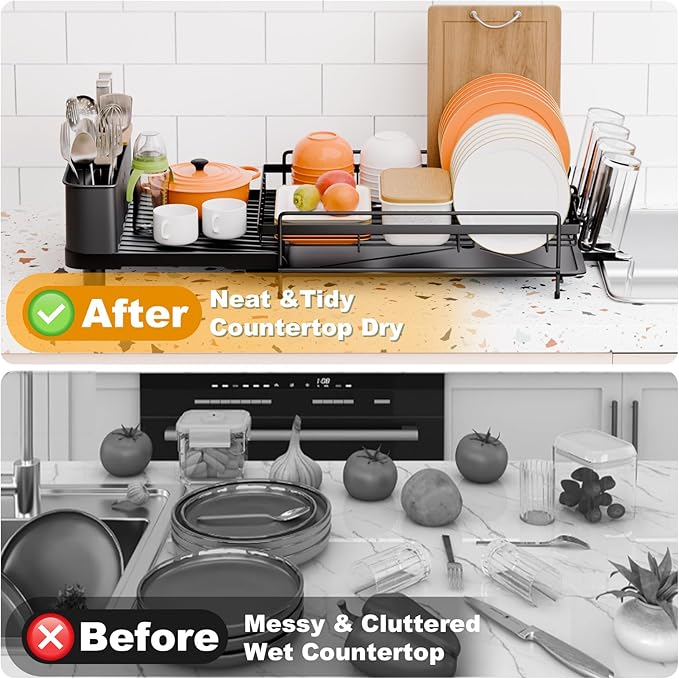 Expandable Dish Drying Rack, Dish Drying Rack for Kitchen Counter with Removeable Cutlery Holder, Double Rustproof & Sturdy Auto-Drain Multifunctional Organizer for Plates, Cups, Knife Fork Storage