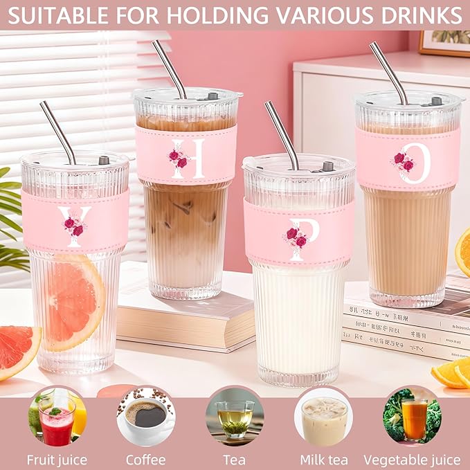Personalized Gifts for Women,20oz Ribbed Glass Tumbler,Monogrammed Gifts for Women,Birthday Gift,Ice Coffee Mug,Christmas Gift for Mom Sister-Y