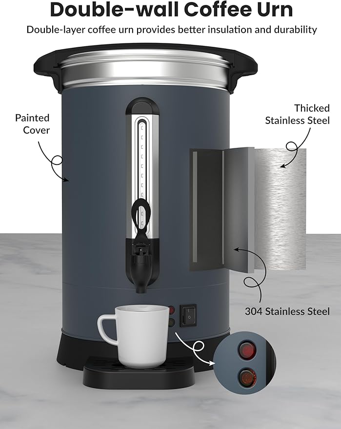 100 Cups Large Coffee Urn with Double Wall Insulation, 14L/3.8 Gallon Stainless Steel Commercial Electric Coffee Maker with Hot Drinks and Hot Water, for Weddings, Parties, Catering, and Buffets