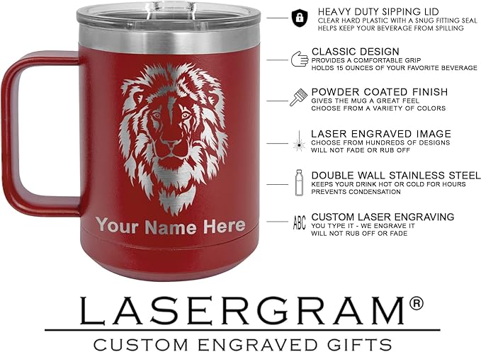 LaserGram 15oz Vacuum Insulated Coffee Mug, Tiki Statue, Personalized Engraving Included (Maroon)
